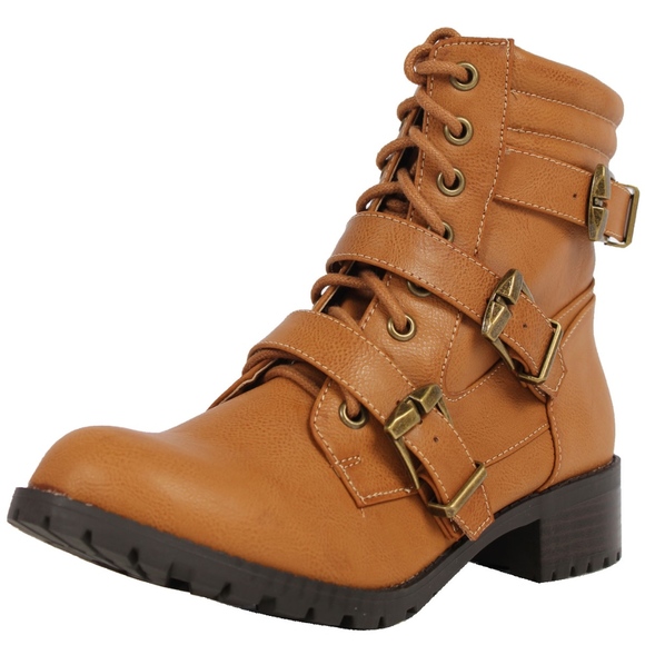 Size 5.5  Tan Triple Buckle Combat Ankle Boot - Picture 2 of 5